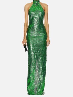 Bode Women's Green Sequins Mock Neck Sleeveless Open-Back Siren Dress Size 6